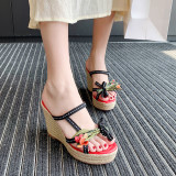 Arden Furtado summer 2019 fashion trend women's shoes slippers genuine leather flower waterproof wedges narrow band slippers