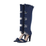 Arden Furtado Summer Fashion Women's Shoes Cone Heels peep toe knee high boots Sandals dark blue denim Elegant Jeans boots