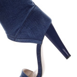 Arden Furtado Summer Fashion Women's Shoes Cone Heels peep toe knee high boots Sandals dark blue denim Elegant Jeans boots
