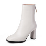 Arden Furtado Fashion Women's Shoes Winter  Chunky Heels Back Zipper Mature Short Boots Classics Pure Color White Women's Boots