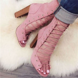 Arden Furtado 2019 Summer Fashion Women's Shoes Chunky Heels Peep Toe Sexy Elegant Pink Cross tied sexy ankle boots high heels