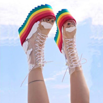 Fashion women's shoes 2019 spring autumn women's boots ankle boots wedges platform cross tied rainbow pvc shoes