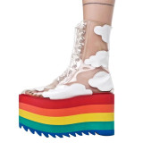 Fashion women's shoes 2019 spring autumn women's boots ankle boots wedges platform cross tied rainbow pvc shoes