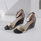Arden Furtado Summer Fashion Trend Women's Shoes   Sexy Elegant Pure Color Concise Sandals Buckle Wedges  Leather