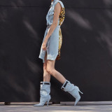 Spring and autumn fashion women's shoes slip-on sexy elegant ladies stilettos heels metal decoration blue denim jeans boots white half boots