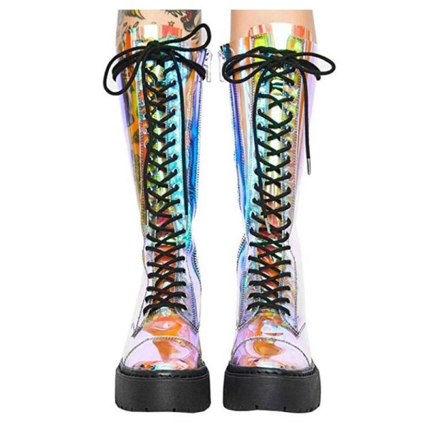 Arden Furtado Spring And autumn Fashion Women's Shoes flat platform Knee High Boots Cross tied zipper PVC Matin Boots 