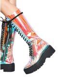 Arden Furtado Spring And autumn Fashion Women's Shoes flat platform Knee High Boots Cross tied zipper PVC Matin Boots 