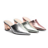 Arden Furtado Summer Fashion Trend Women's Shoes Pointed Toe Chunky Heels  Mules Sexy Elegant Slippers  Pure Color  Leather