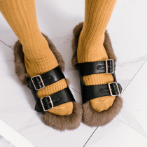 Arden Furtado Street style black web celebrity with real fur flat slippers buckle strap slippers