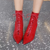 Arden Furtado Fashion Women's Shoes Winter Pointed Toe Stilettos Heels Elegant Ladies Boots pure color Cross Lacing Short Boots