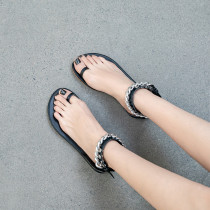 Arden Furtado Summer Fashion Trend Women's Shoes pure color khaki Narrow Band Metal Chain Mature flats Sandals  Big size 42