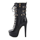 Arden Furtado Fashion Women's Shoes Winter Pointed Toe Stilettos Heels Rivet Zipper pure color Leather Buckle Elegant