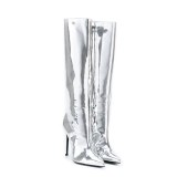 Arden Furtado Fashion Women's Shoes Winter Pointed Toe Stilettos Heels Silver Sexy Elegant Ladies silver knee high Boots 