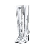 Arden Furtado Fashion Women's Shoes Winter Pointed Toe Stilettos Heels Silver Sexy Elegant Ladies silver knee high Boots 