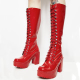 Arden Furtado Fashion Women's Shoes Winter   Chunky Heels  Sexy Elegant  Cross Lacing pure color red Round Toe Women's Boots