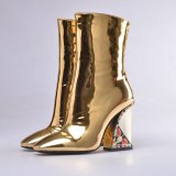 Arden Furtado Fashion Women's Shoes Winter Pointed Toe Chunky Heels  Mature pure color gold Zipper Women's Boots Half Boots