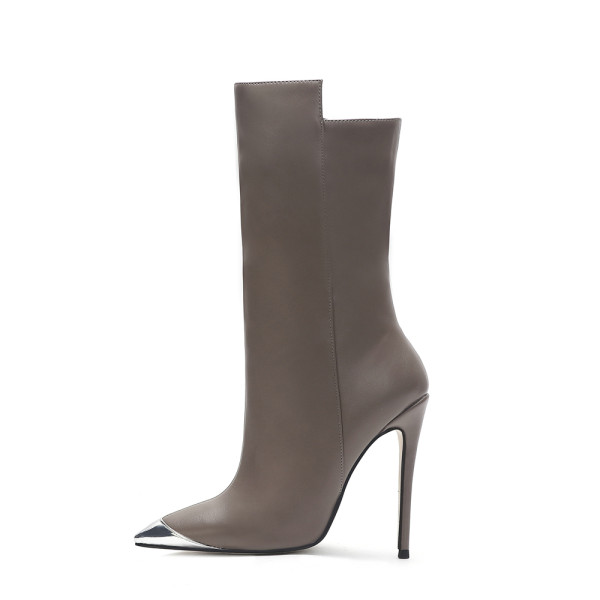 Arden Furtado 2019 Fashion Women's Shoes Pointed Toe Stilettos Heels Zipper Sexy Elegant Metal cap Half Boots