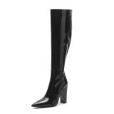 Arden Furtado Fashion Women's Shoes Winter Pointed Toe Chunky Heels Zipper pure color patent leather Boots Knee High Boots