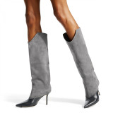 Arden Furtado Fashion Women's Shoes Winter  Pointed Toe Stilettos Heels Mature Sexy Elegant Ladies grey Knee high Boots Slip-on Women's Boots 