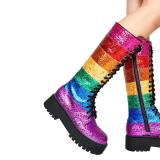 Arden Furtado Fashion Women's Shoes Winter Women's lace up Boots Personality Mixed Colors Zipper glitter knee high boots 