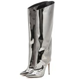 Arden Furtado Fashion Women's Shoes Winter Pointed Toe Stilettos Heels Zipper Elegant Ladies Boots gold silver Knee High Boot