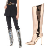 Arden Furtado Fashion Women's Shoes Winter Pointed Toe Stilettos Heels Zipper Elegant Ladies Boots gold silver Knee High Boot