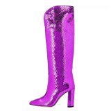 Arden Furtado Fashion Women's Shoes Winter Pointed Toe Chunky Heels Slip-on Elegant Ladies Purple striped Boots