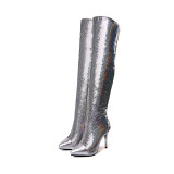 Arden Furtado Fashion Women's Shoes Winter Pointed Toe Stilettos Heels Zipper pure color silver Over The Knee High Boots sequins