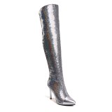 Arden Furtado Fashion Women's Shoes Winter Pointed Toe Stilettos Heels Zipper pure color silver Over The Knee High Boots sequins