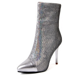 Arden Furtado Fashion Women's Shoes Winter  Pointed Toe Stilettos Heels Zipper pure color  silver Elegant Ladies Boots  Mature