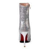 Arden Furtado Fashion Women's Shoes Winter  Pointed Toe Stilettos Heels Zipper pure color  silver Elegant Ladies Boots  Mature