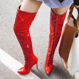 Arden Furtado Fashion Winter Pointed Toe Cross Lacing Stilettos Heels red Over The Knee High Boots White