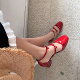  Arden Furtado Summer Fashion Trend Women's Shoes Square Head Concise pure color Red Buckle Pumps Sweet