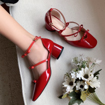  Arden Furtado Summer Fashion Trend Women's Shoes Square Head Concise pure color Red Buckle Pumps Sweet