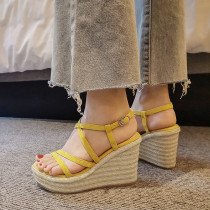 Arden Furtado Summer Fashion  Women's Shoes pure color blue yellow and apricot Sandals Narrow Band Buckle Waterproof Wedges