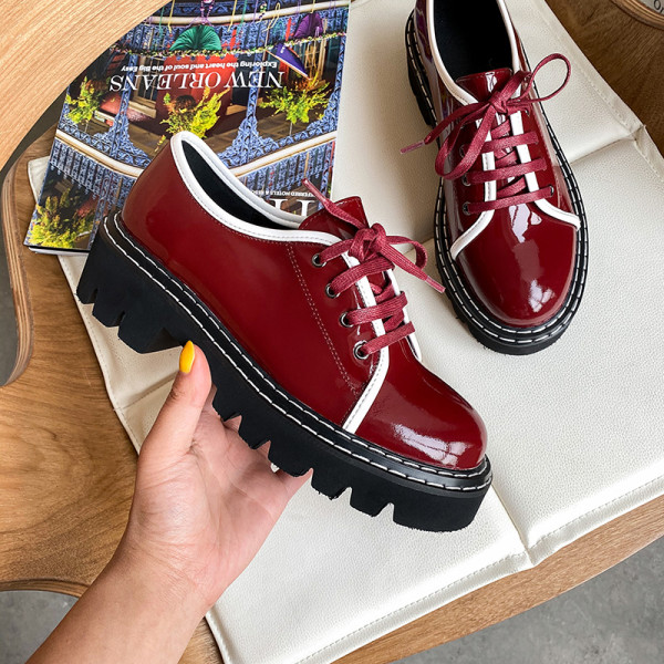 Arden Furtado Spring autumn Fashion Women's Shoes pure color wine red Classics Shallow Cross Lacing Round Toe Leather Classics