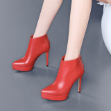 Arden Furtado Fashion Women's Shoes Winter red Pointed Toe Stilettos Heels Zipper pure color Waterproof Short Boots Leather