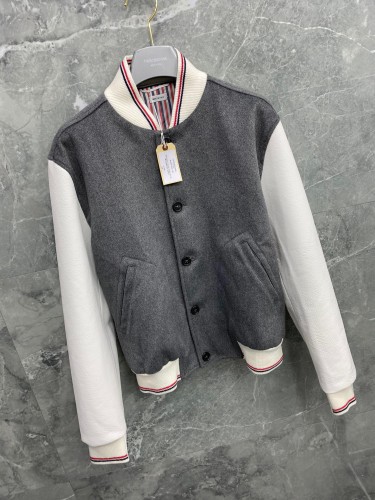 THOM BROWNE 20SS LOGO EMBROIDERED LEATHER SLEEVE BOMBER JACKET