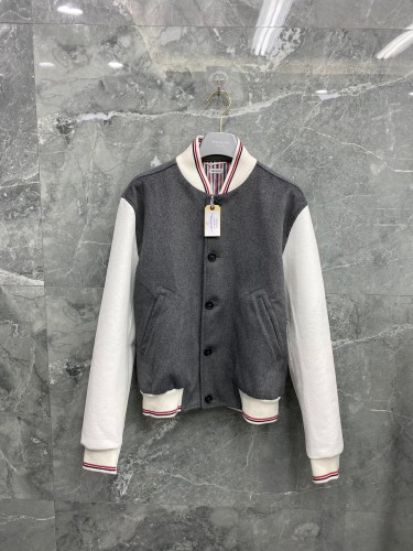 THOM BROWNE 20SS LOGO EMBROIDERED LEATHER SLEEVE BOMBER JACKET