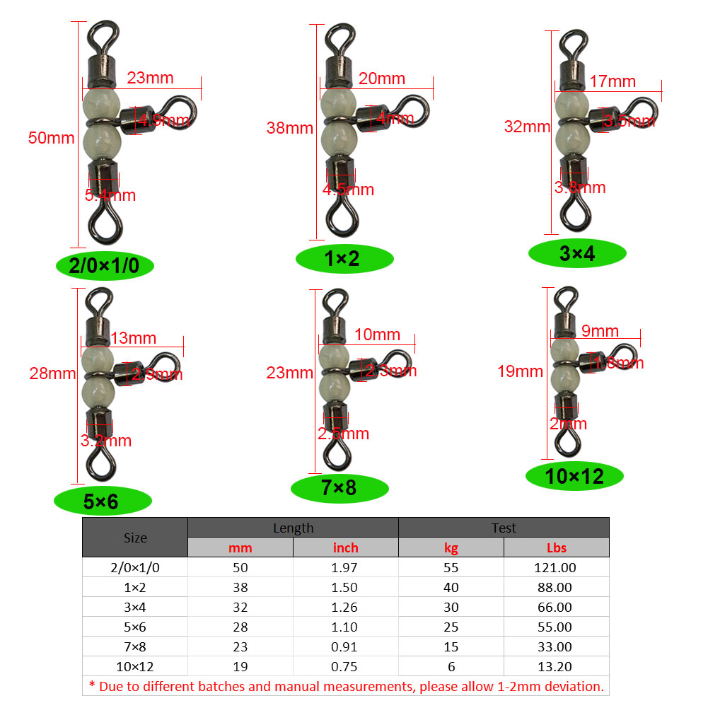 3 way luminous Fishing swivels cross line rolling swivel with pearl  beads,rated from 18 LB to 126LB