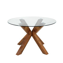 Round glass top dining table with wooden base