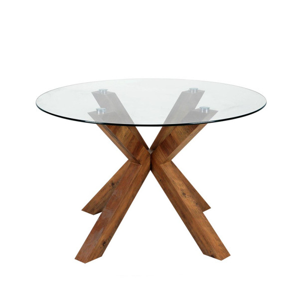 Round glass top dining table with wooden base