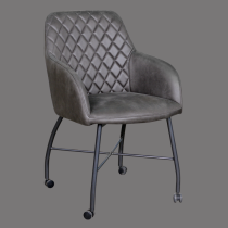 Gray leather dining armchair with wheels