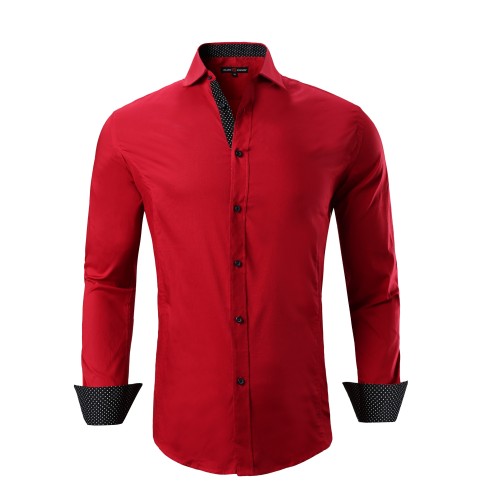Mens Dress Shirts Cotton Spandex Casual Regular Fit Long Sleeve Shirt Red