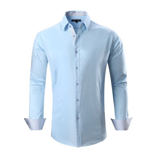 Mens Dress Shirts Cotton Spandex Casual Regular Fit Long Sleeve Shirt Lt.Blue