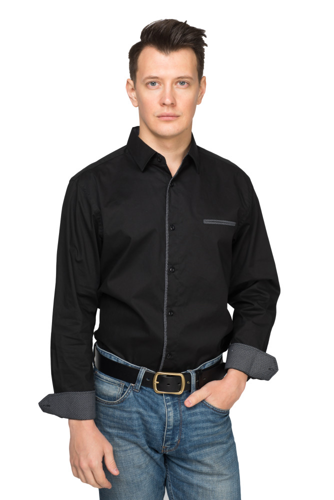 Mens Dress Shirts Cotton Spandex Regular Fit Fashion Long Sleeve Shirt Black