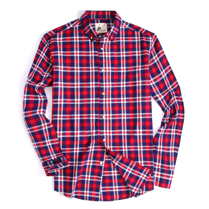 Mens Button Down Regular fit Washed Cotton Plaid Shirt Red/Navy