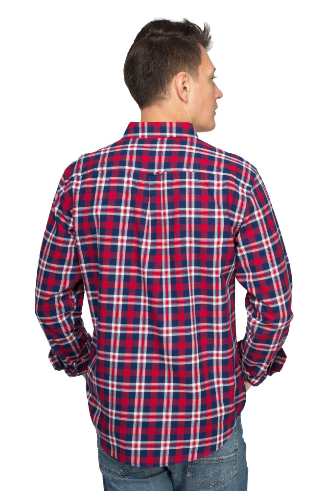Mens Button Down Regular fit Washed Cotton Plaid Shirt Red/Navy