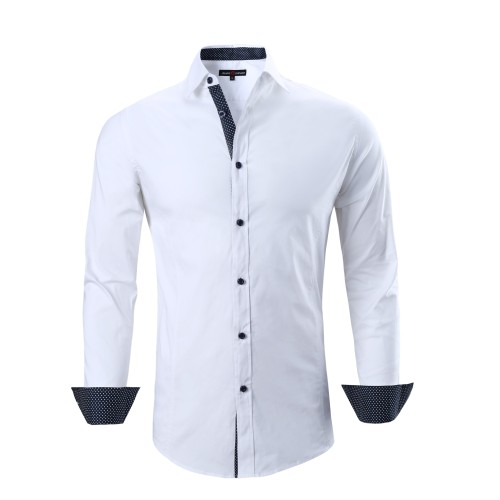 Mens Dress Shirts Cotton Spandex Casual Regular Fit Long Sleeve Shirt White