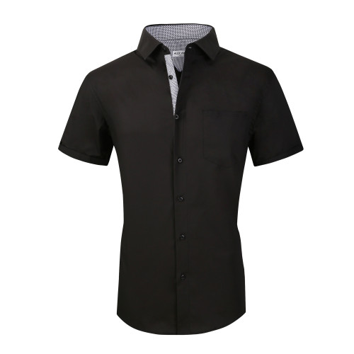 Mens Dress Shirts Cotton Spandex Regullar Fit Short Sleeve Shirt Black